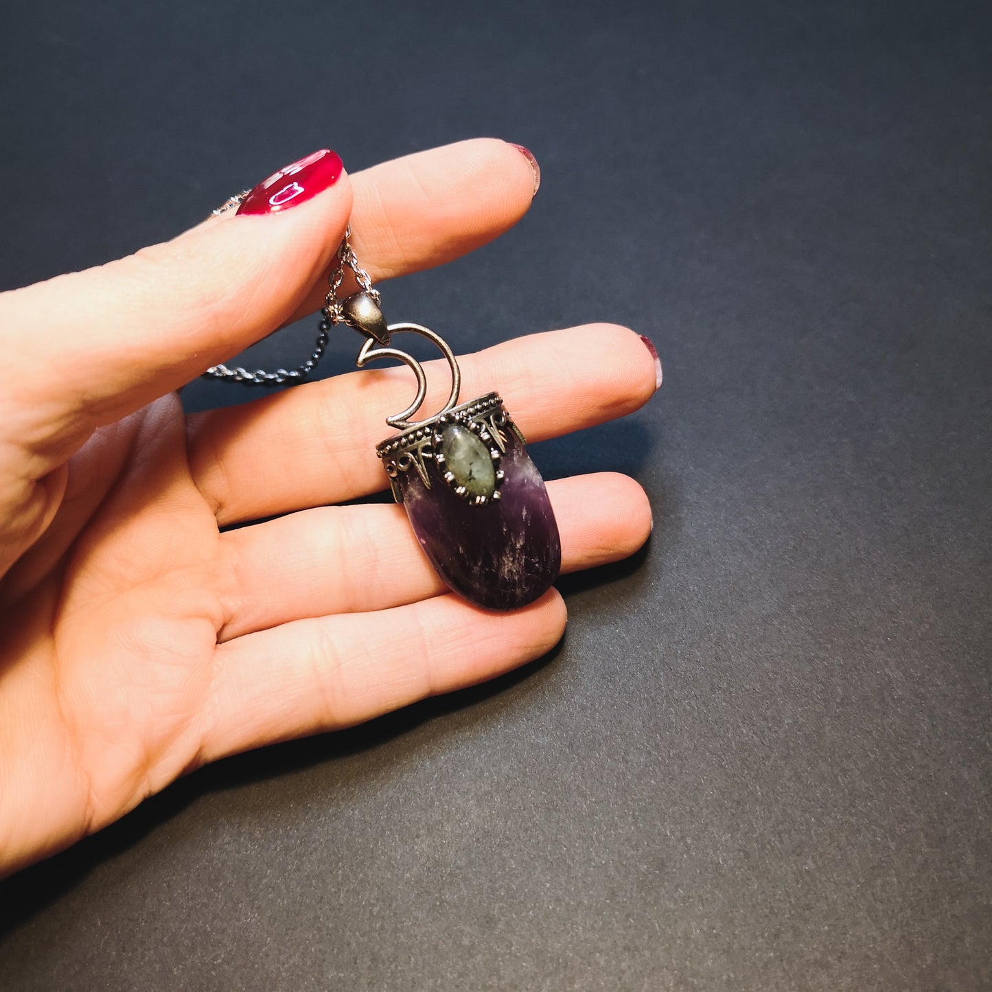 Crescent moon amethyst and labradorite witchy necklace Baguette Magick