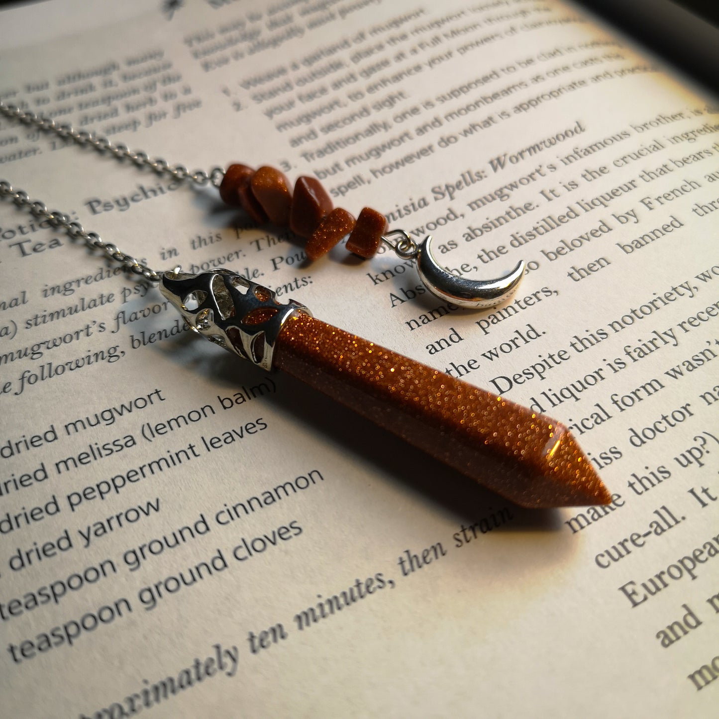 Goldstone pendulum with a crescent moon Baguette Magick