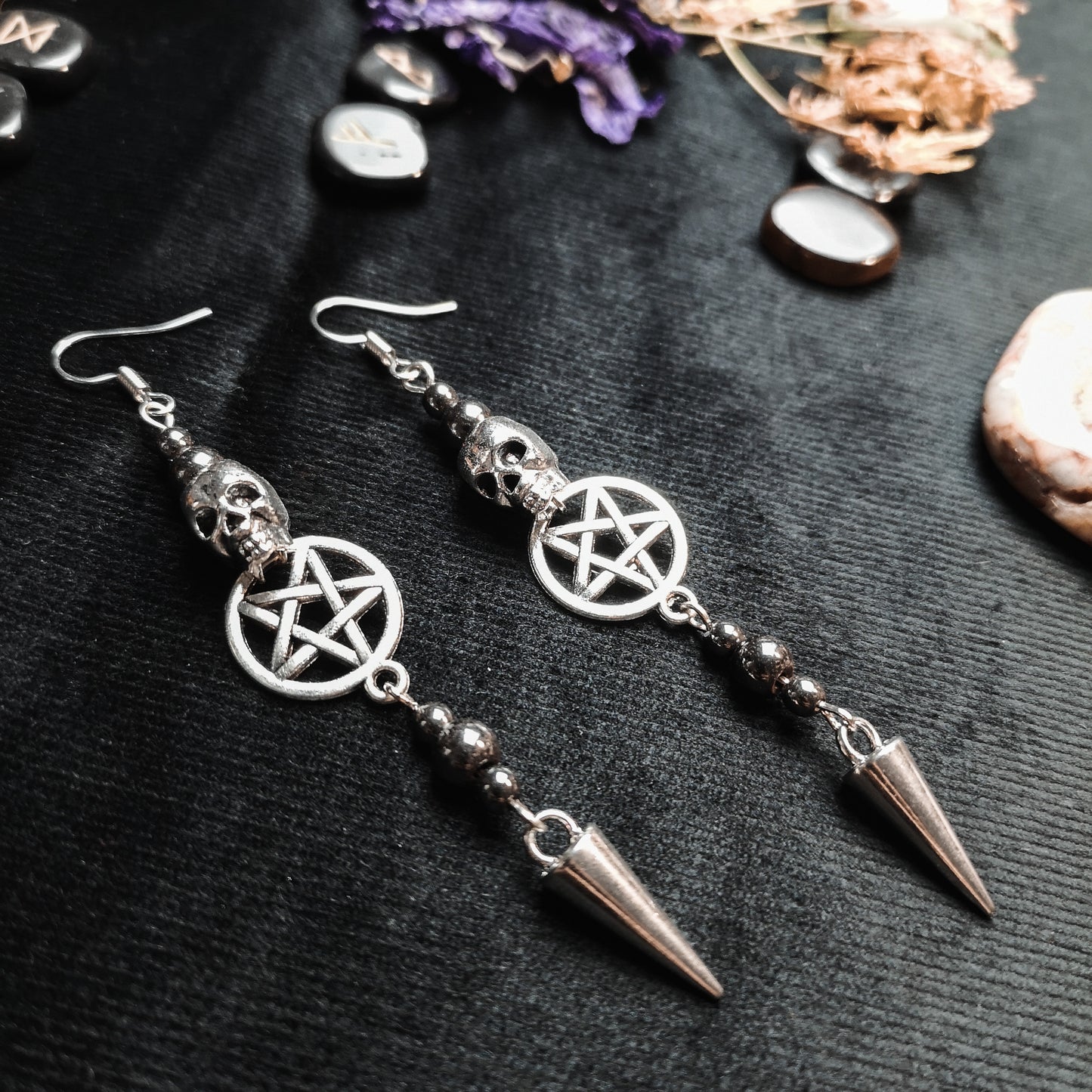 Skulls pentacles spikes and magnetic hematite earrings Baguette Magick