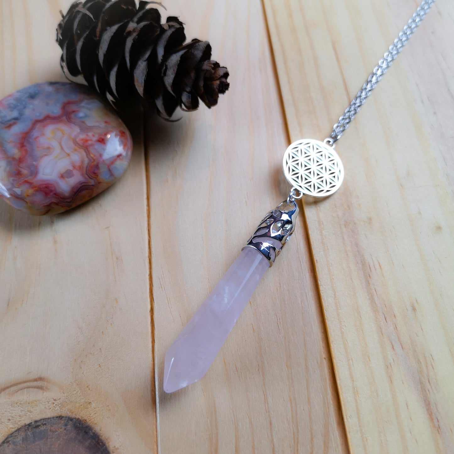 Rose quartz flower of life pendulum necklace Baguette Magick