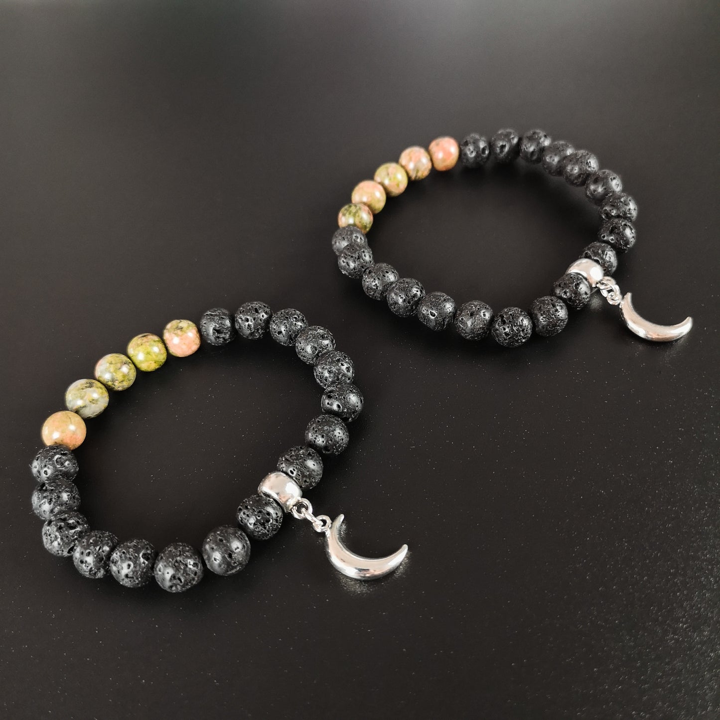 Unakite and lava mala beaded bracelet with a crescent Moon charm Baguette Magick