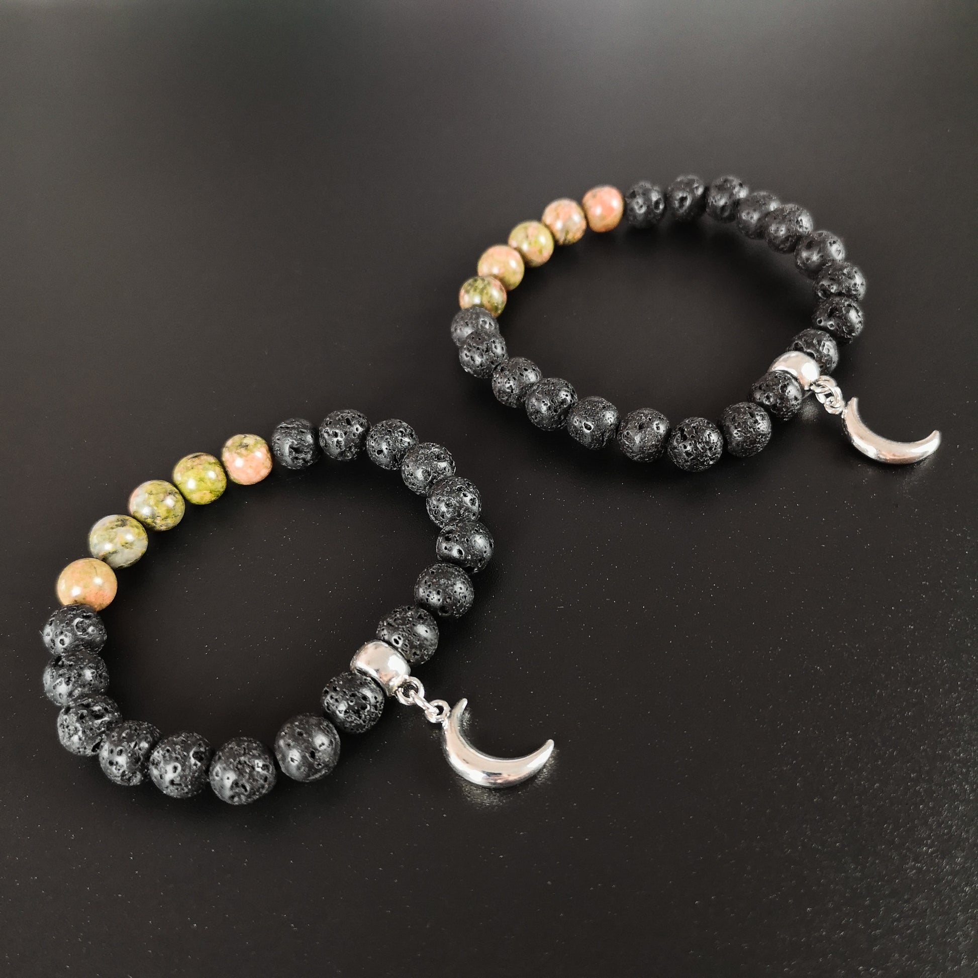 Unakite and lava mala beaded bracelet with a crescent Moon charm Baguette Magick