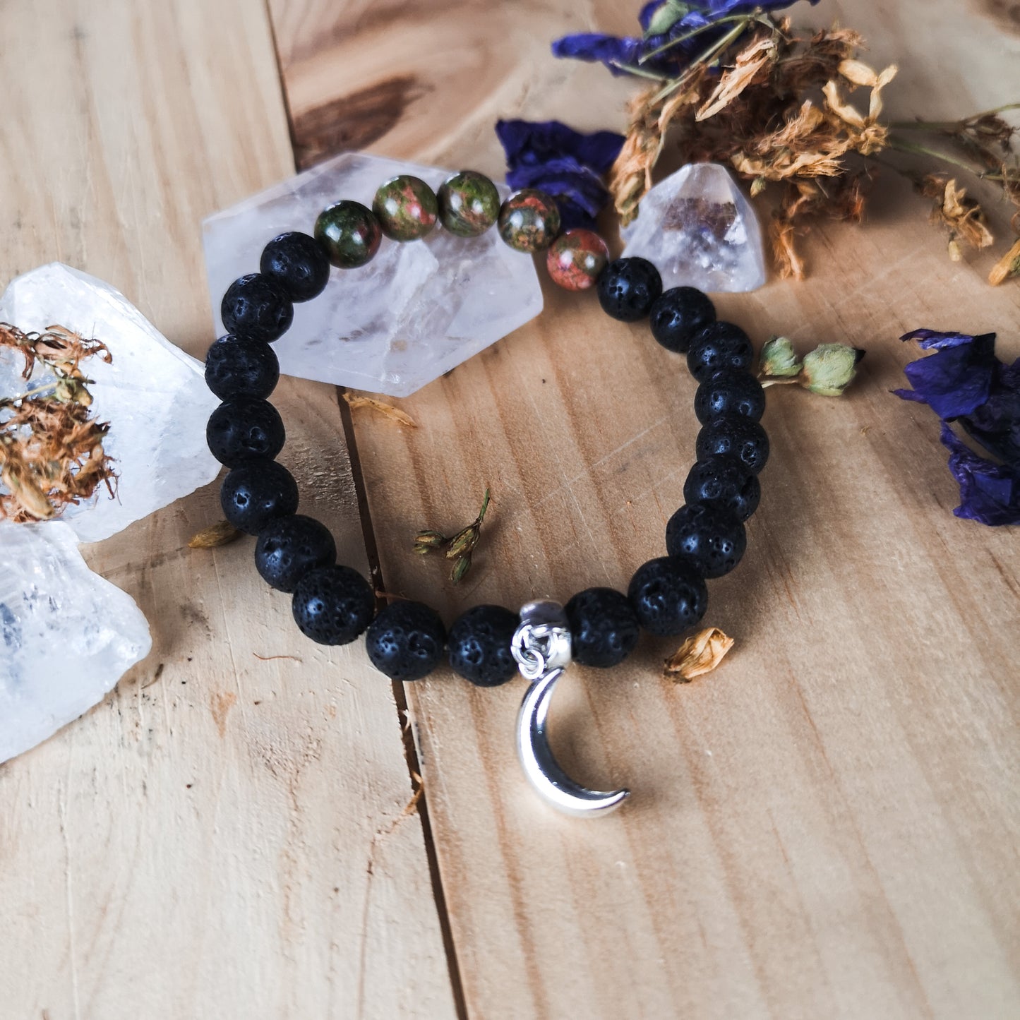 Unakite and lava mala beaded bracelet with a crescent Moon charm Baguette Magick