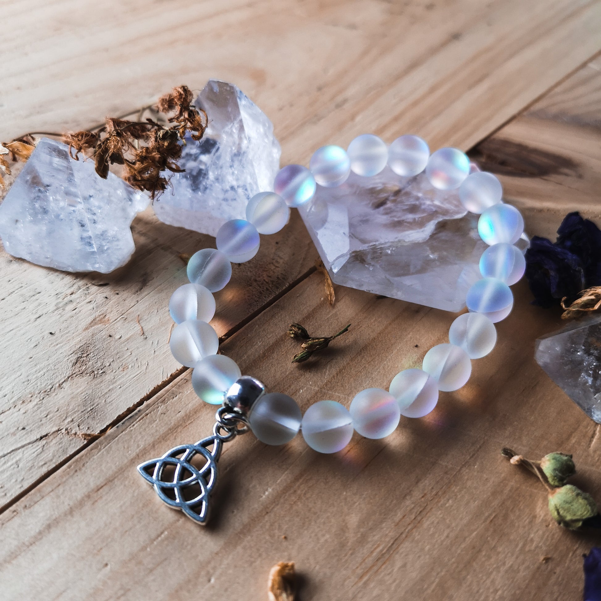 Mermaid glass mala beaded bracelet with a triquetra charm Baguette Magick