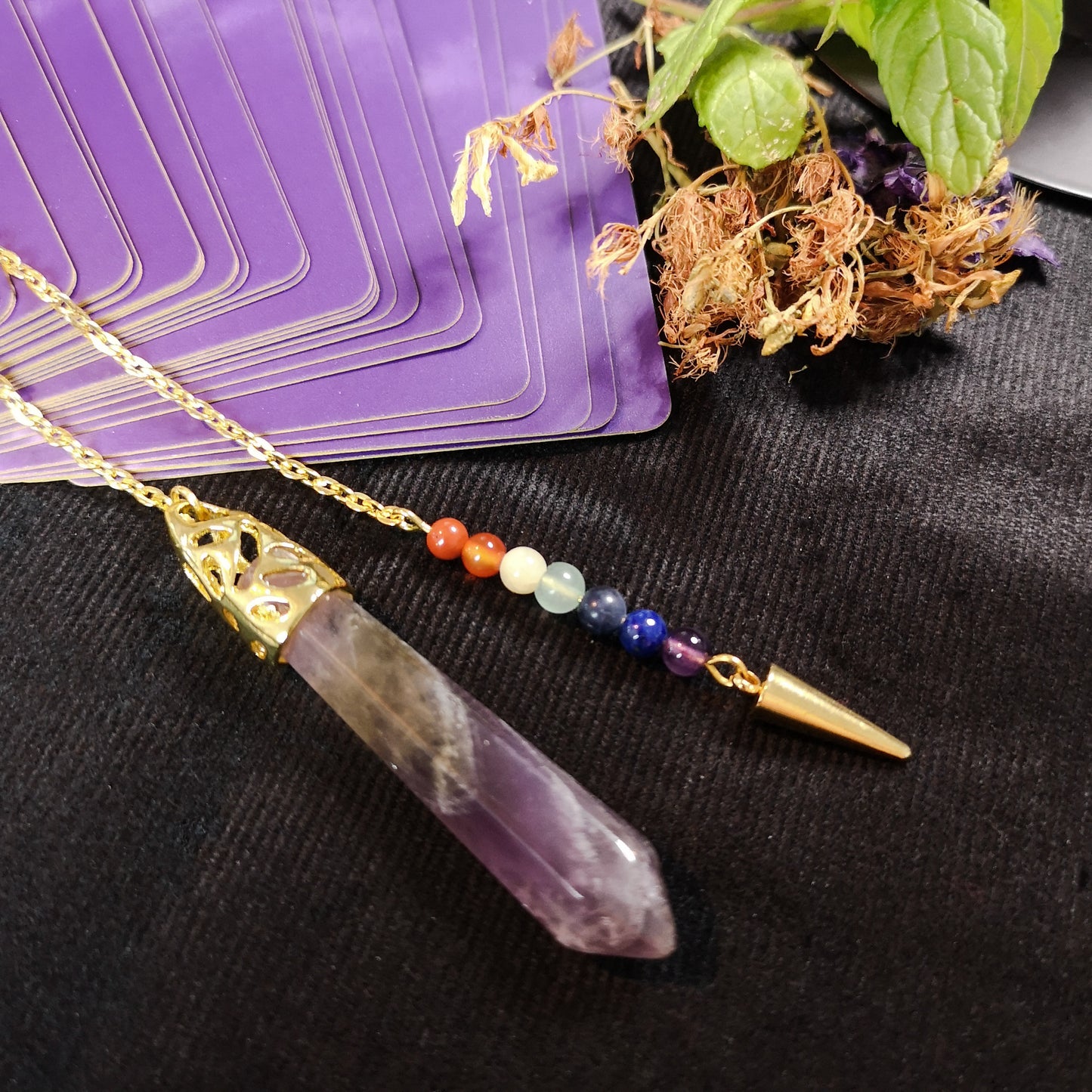 7 chakras amethyst golden pendulum with a spike Baguette Magick