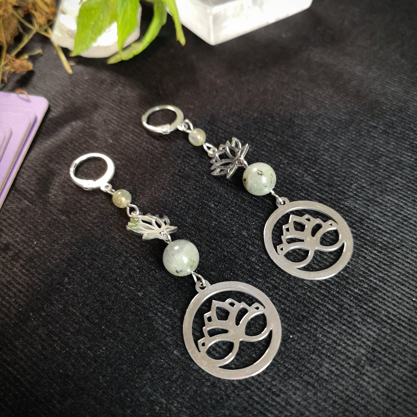 Stainless steel lotus flower and labradorite earrings Baguette Magick