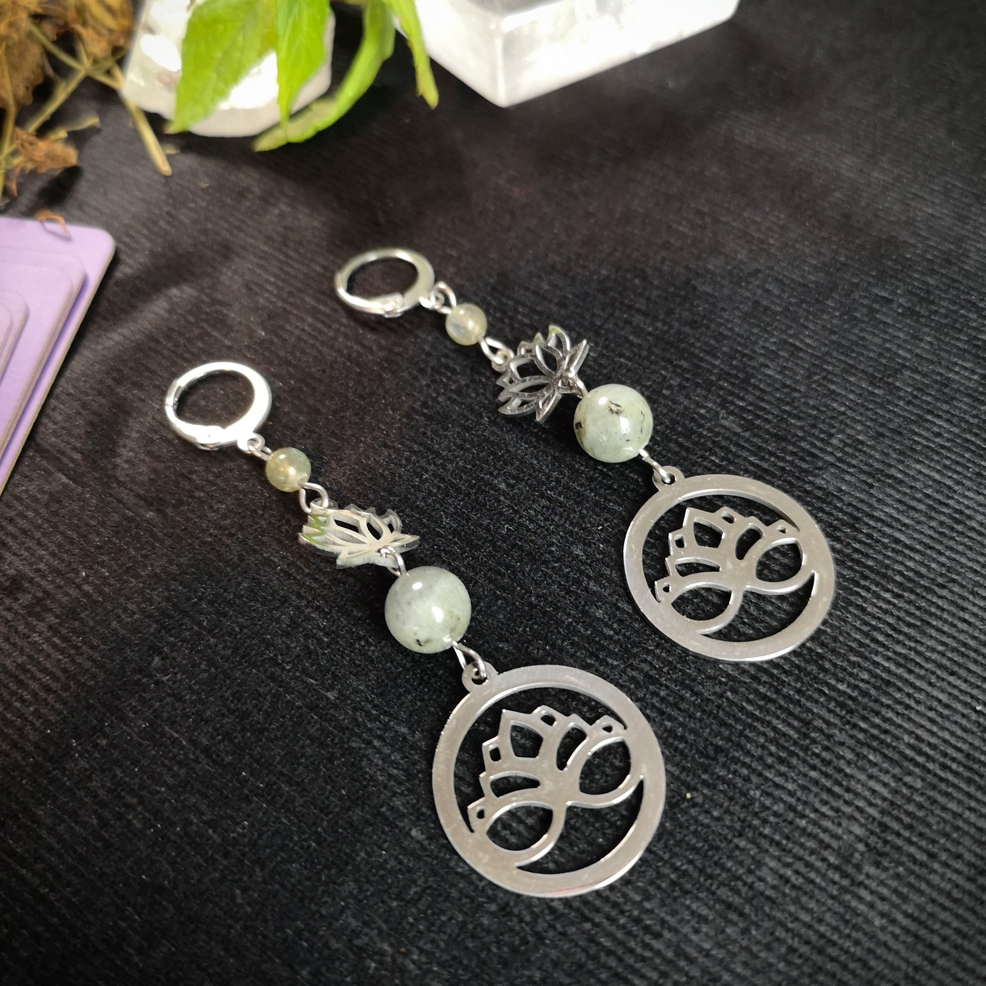 Stainless steel lotus flower and labradorite earrings Baguette Magick