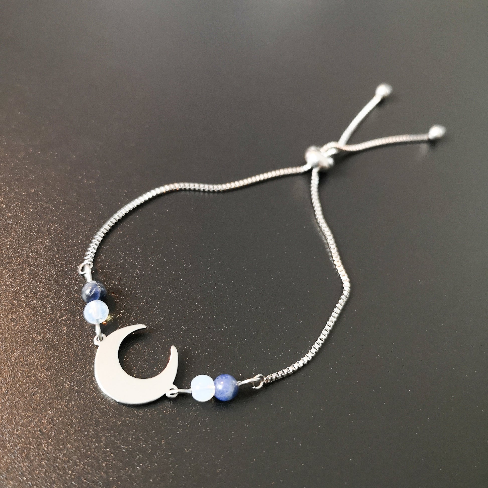 Lapis lazuli, opalite and crescent Moon stainless steel slider bracelet Baguette Magick