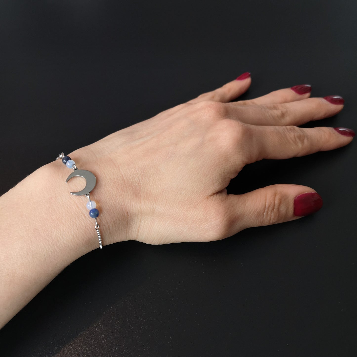Lapis lazuli, opalite and crescent Moon stainless steel slider bracelet Baguette Magick