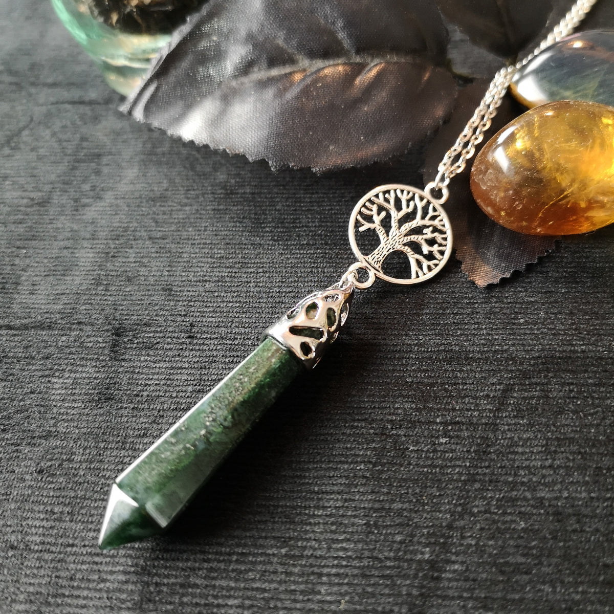 Moss agate and tree of life pendulum necklace Baguette Magick