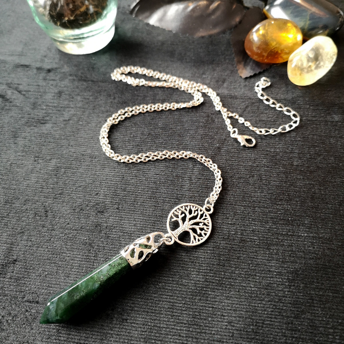 Moss agate and tree of life pendulum necklace Baguette Magick
