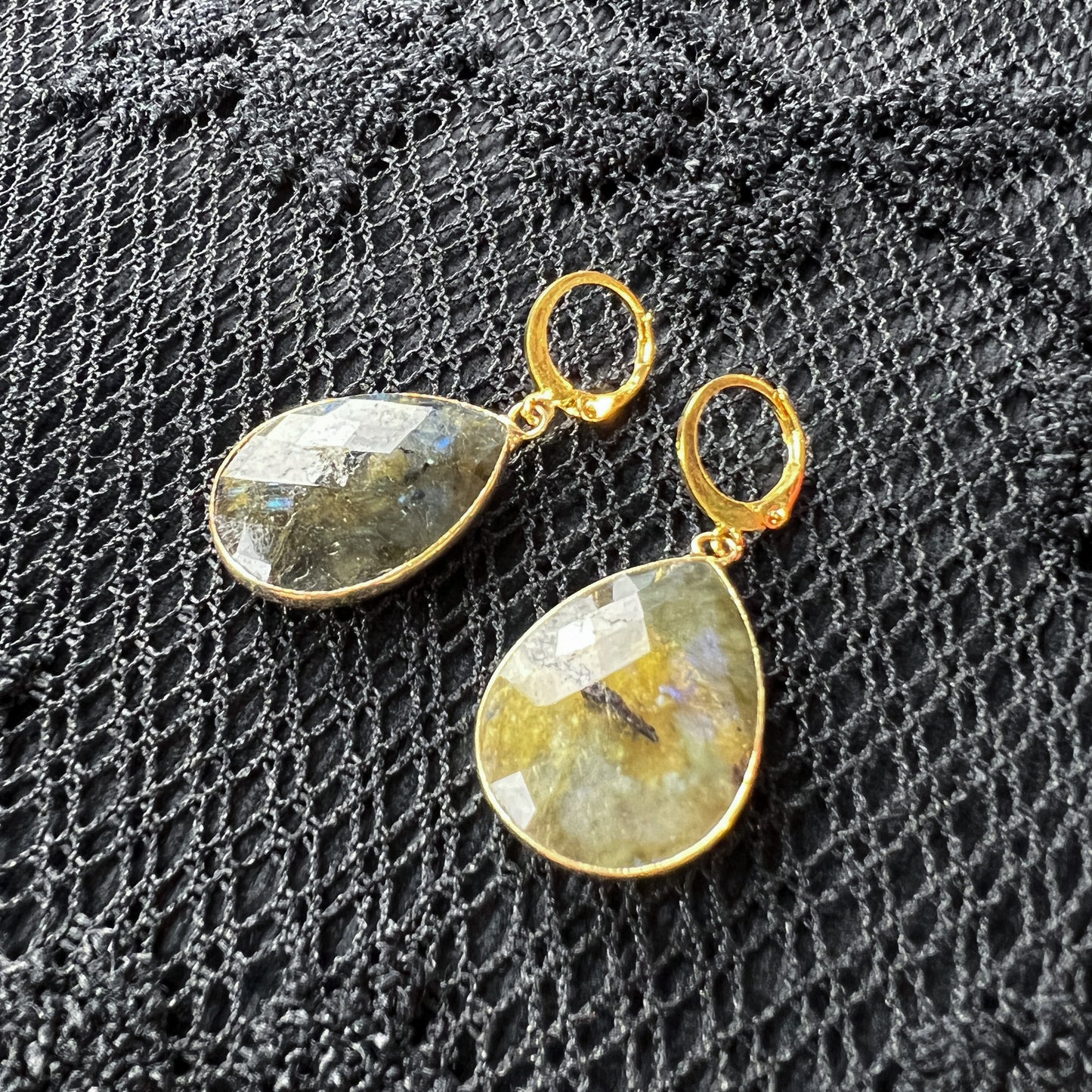 Faceted Labradorite gemstone golden earrings Baguette Magick
