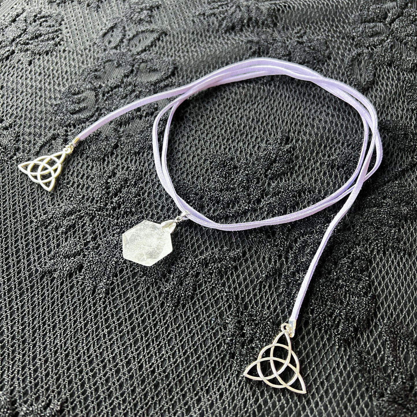 Quartz and triquetra wrap necklace in pink, lilac purple, or black Baguette Magick