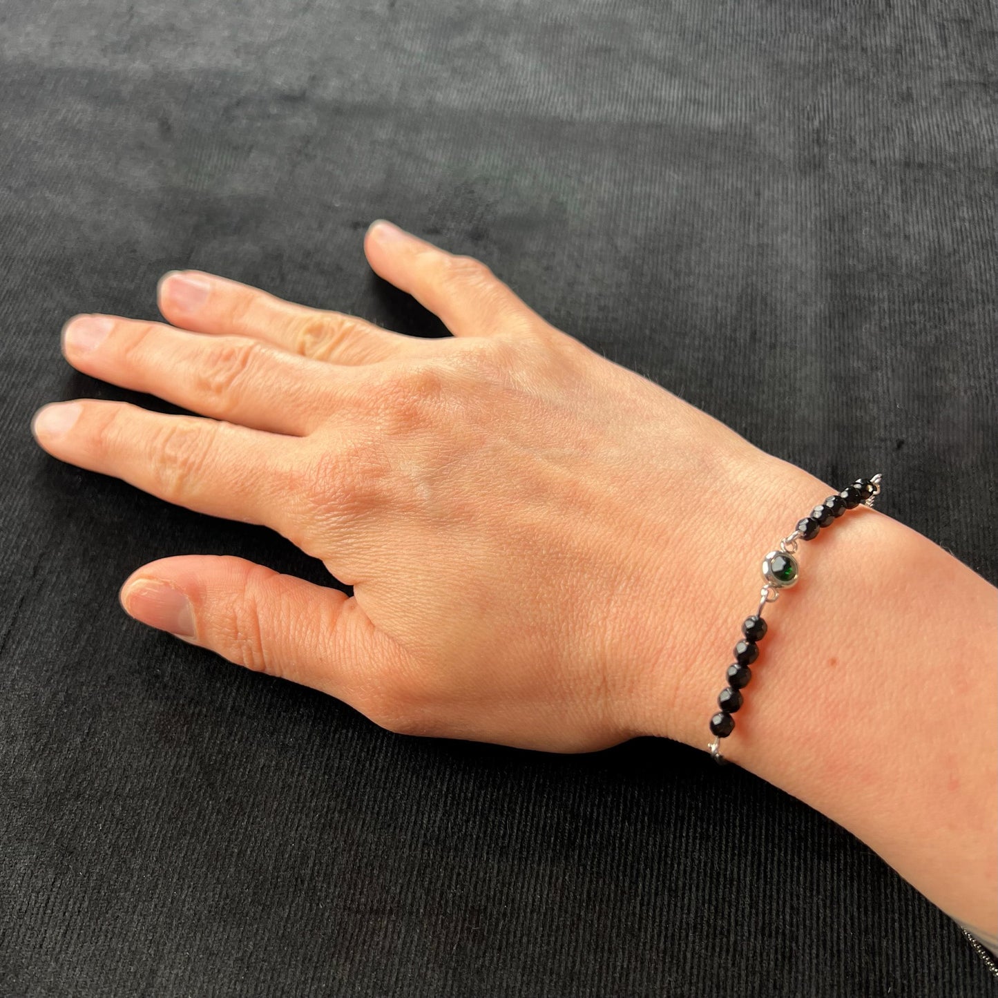 Faceted onyx and emerald green rhinestone stainless steel slider bracelet Baguette Magick