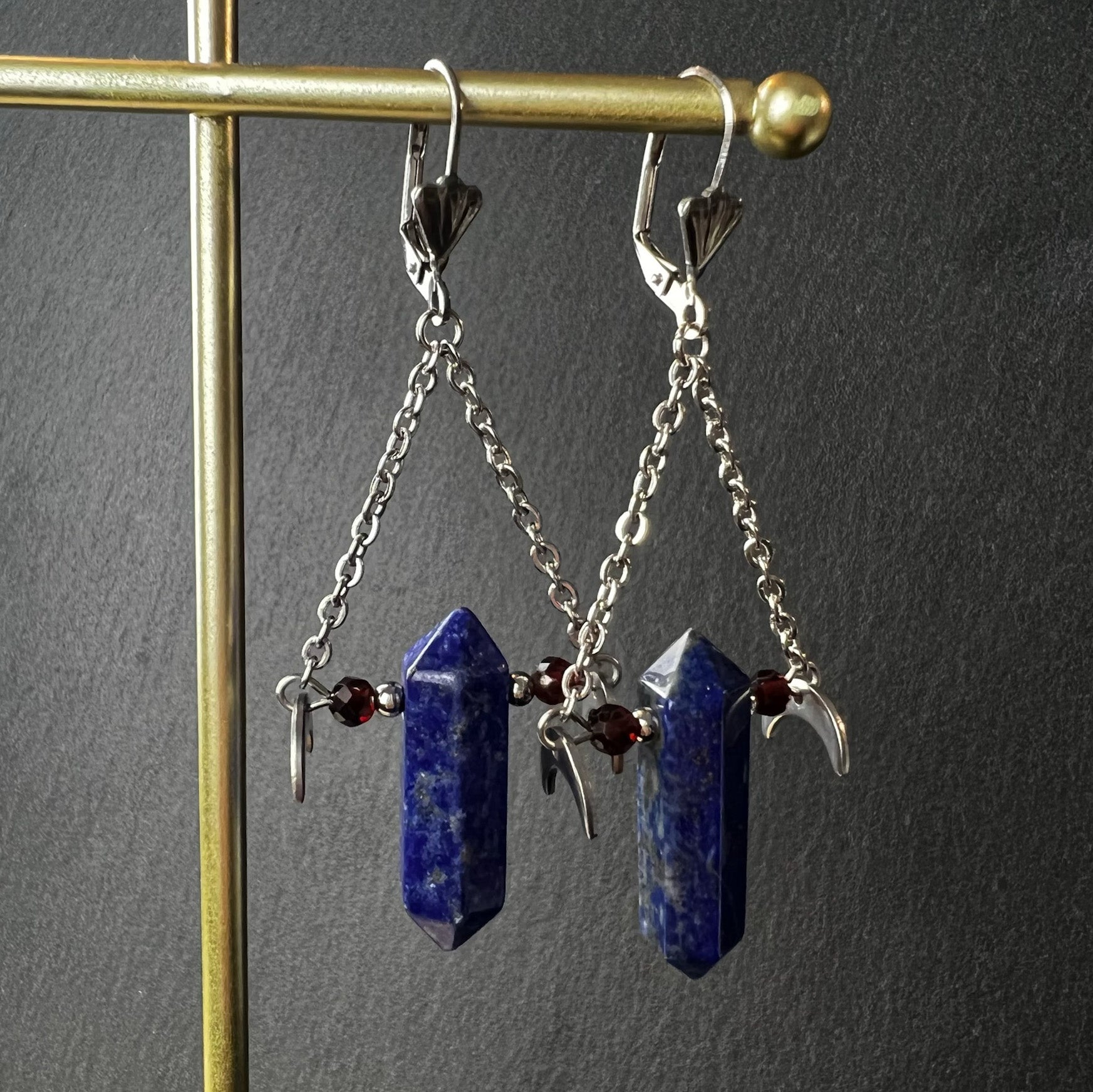 Lapis lazuli garnet and stainless steel gemstone earrings with Moon crescent Baguette Magick