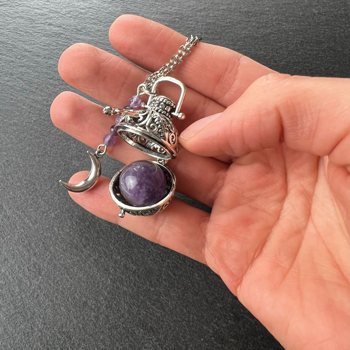Rococo amethyst locket and Moon crescent necklace Baguette Magick