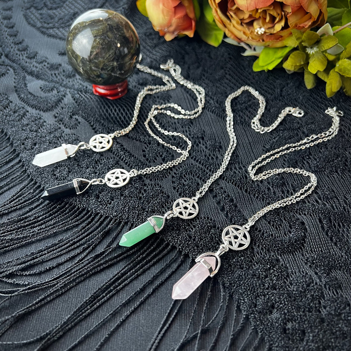 Pentacle pendulum necklace - obsidian, quartz, rose quartz, or aventurine Baguette Magick