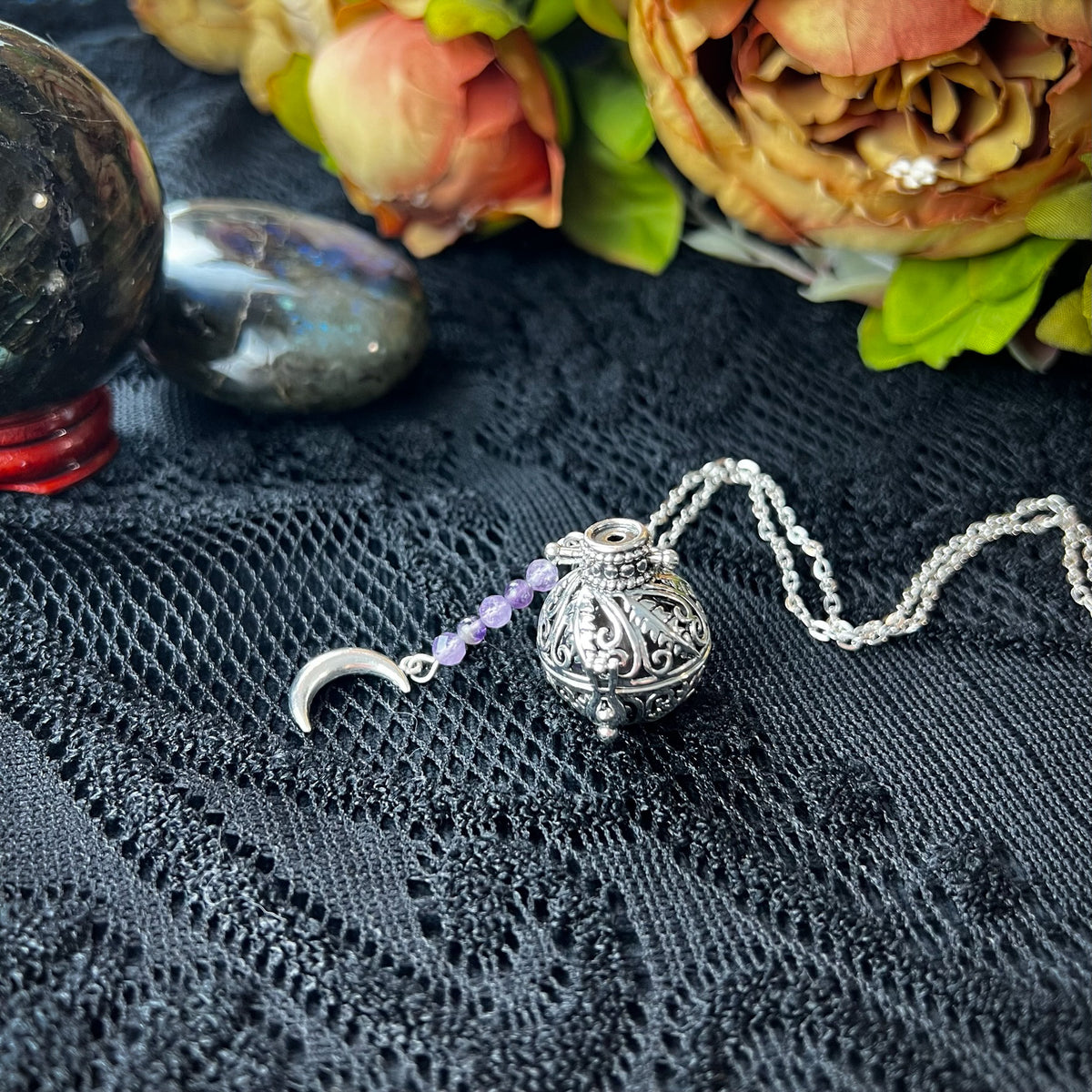 Rococo amethyst locket and Moon crescent necklace Baguette Magick
