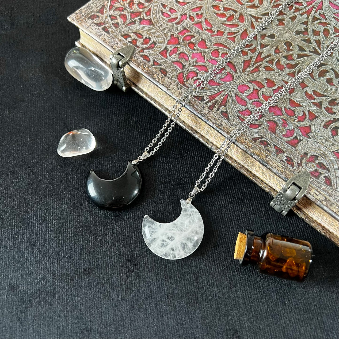 Moon crescent clear quartz or obsidian stainless steel pendant necklace Baguette Magick