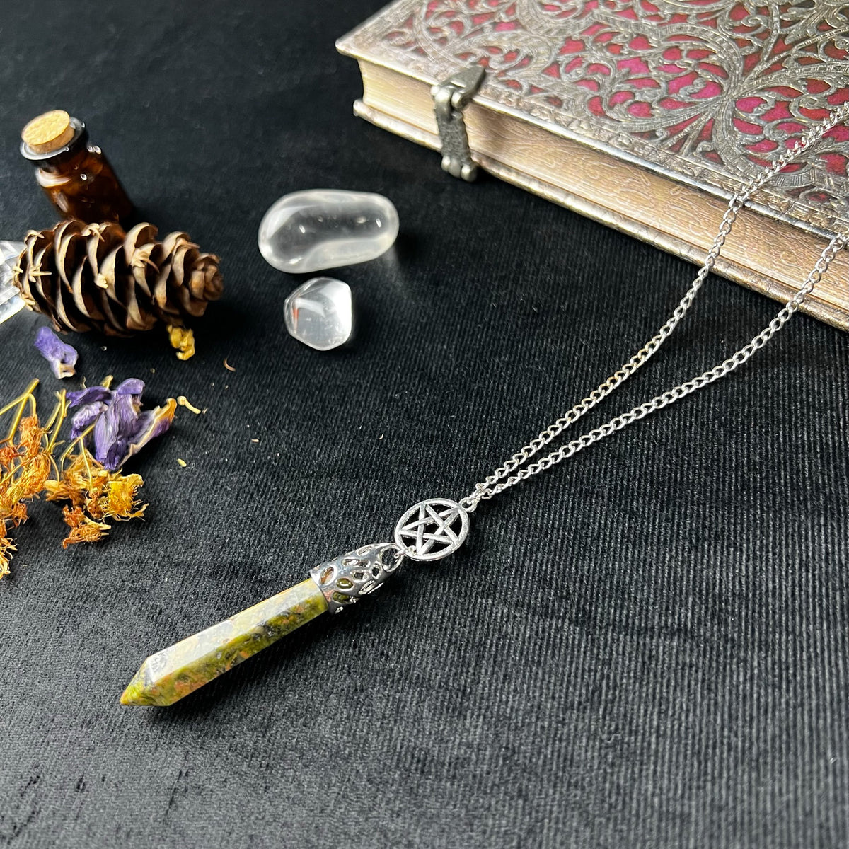 Unakite and pentacle pendulum necklace Baguette Magick