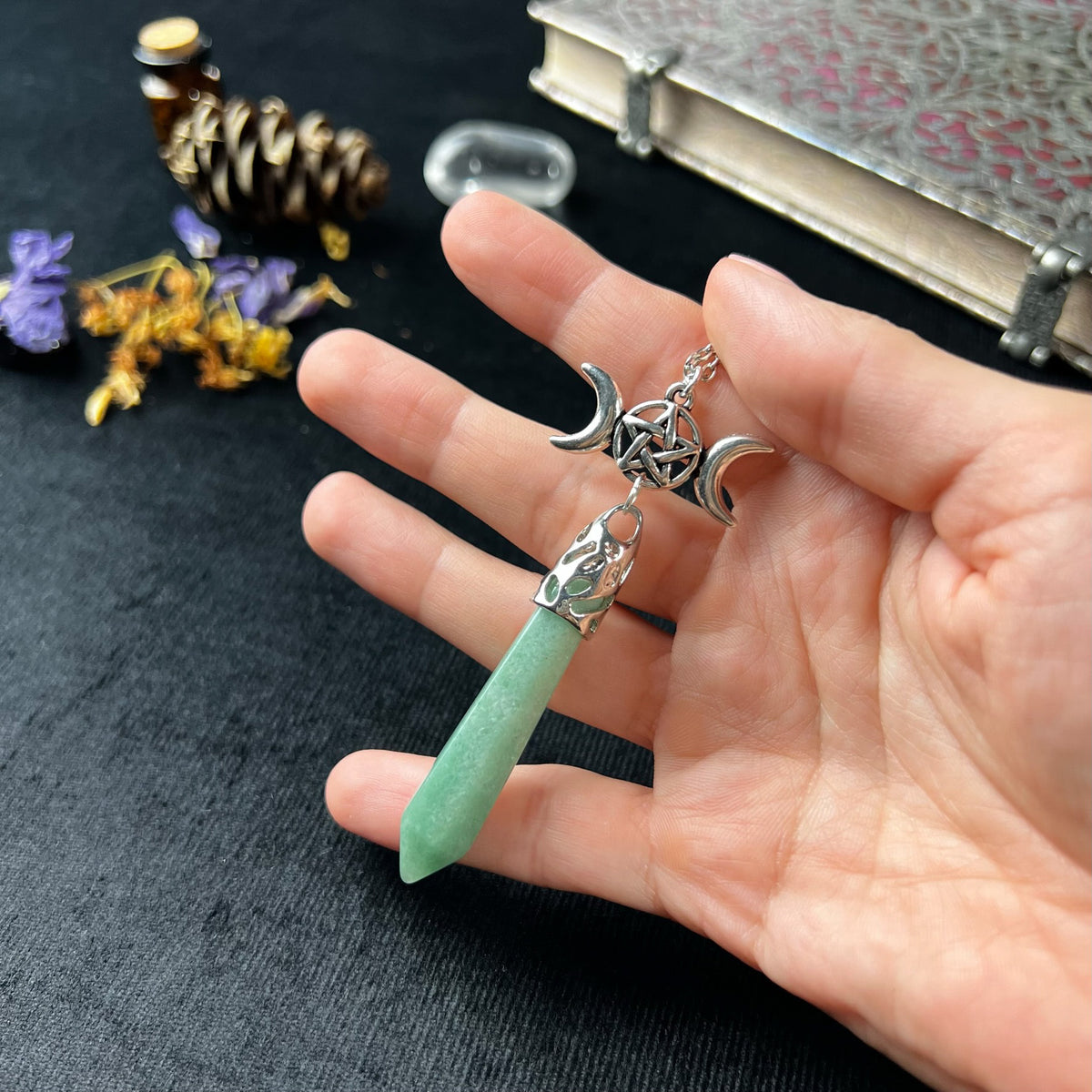 Aventurine and pentacle triple Moon pagan pendulum necklace Baguette Magick