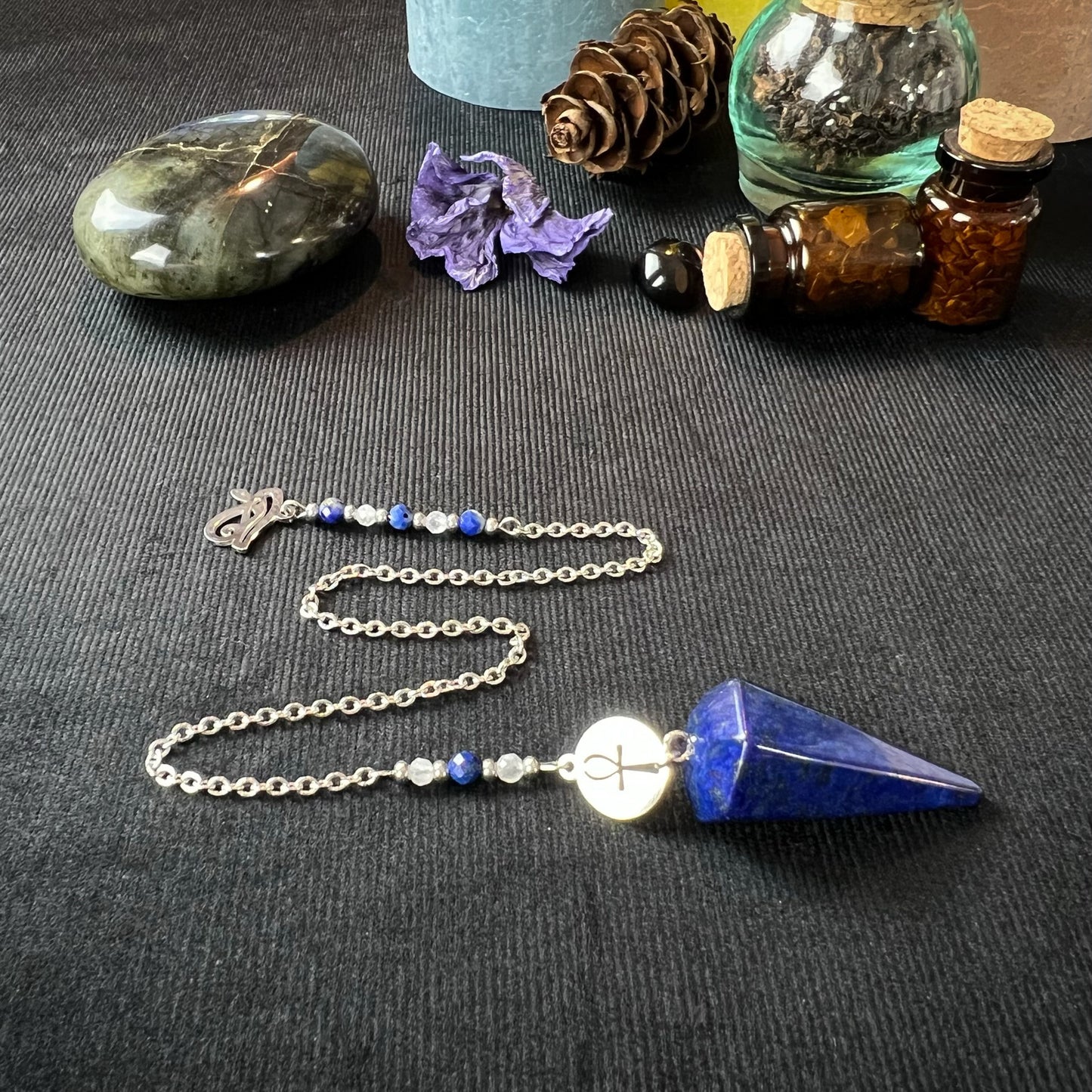 Stainless steel pendulum with lapis lazuli, moonstone, Eye of Horus and Ankh Baguette Magick