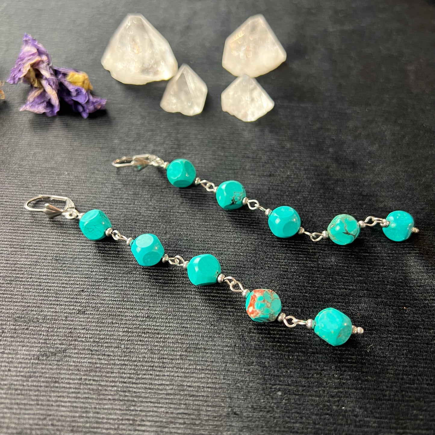 Long dangle & drop turquoise and stainless steel earrings Baguette Magick