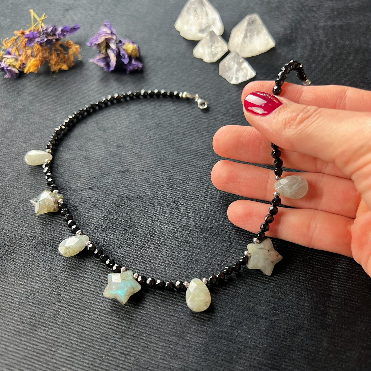 Labradorite stars and drops, onyx and stainless steel cosmic fairy necklace Baguette Magick