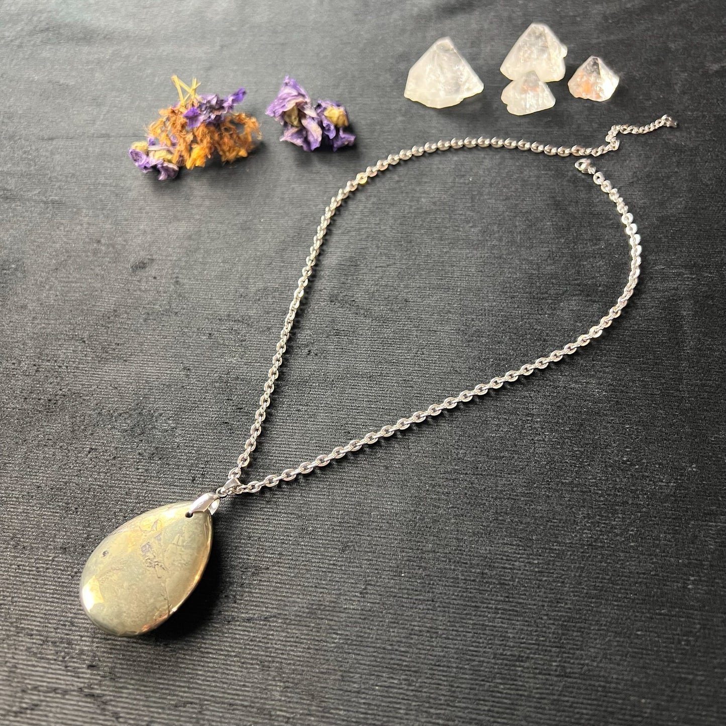 Teardrop Iron Pyrite gemstone and stainless steel necklace Baguette Magick