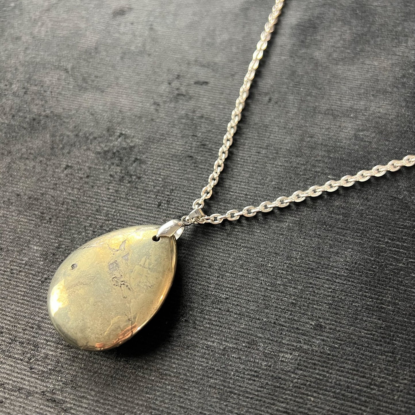 Teardrop Iron Pyrite gemstone and stainless steel necklace Baguette Magick