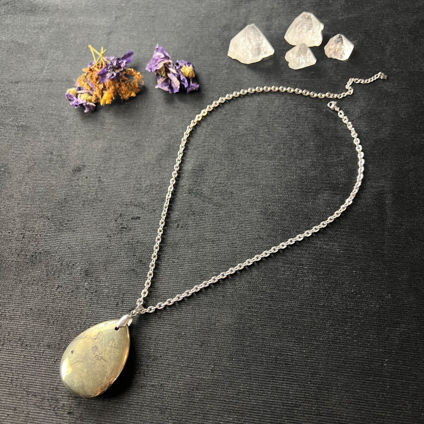Teardrop Iron Pyrite gemstone and stainless steel necklace Baguette Magick