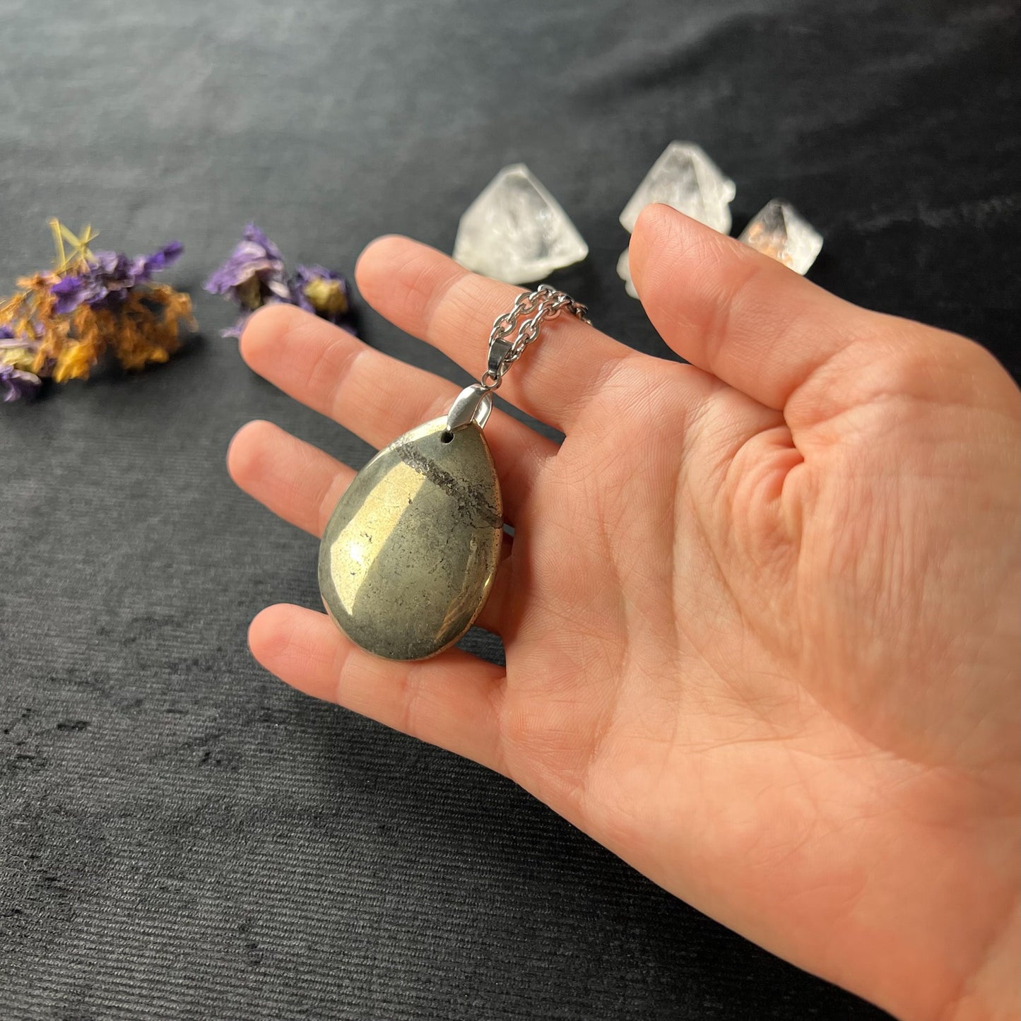 Teardrop Iron Pyrite gemstone and stainless steel necklace Baguette Magick