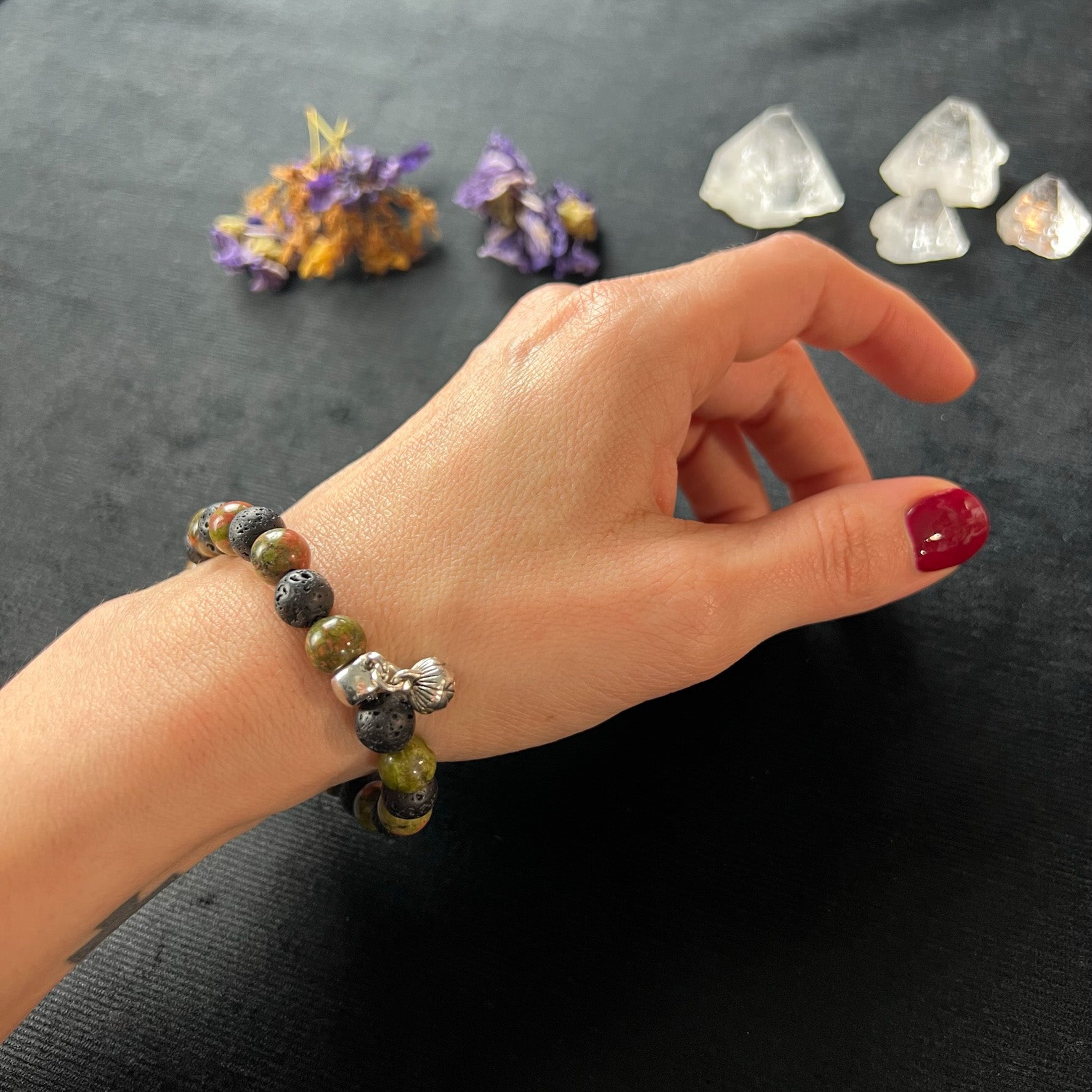 Unakite and lava mala beaded bracelet with a lotus seed charm Baguette Magick