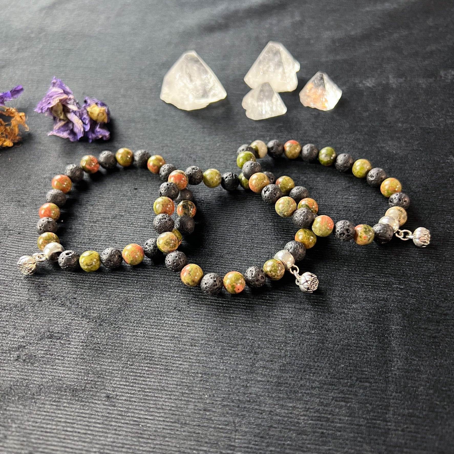 Unakite and lava mala beaded bracelet with a lotus seed charm Baguette Magick