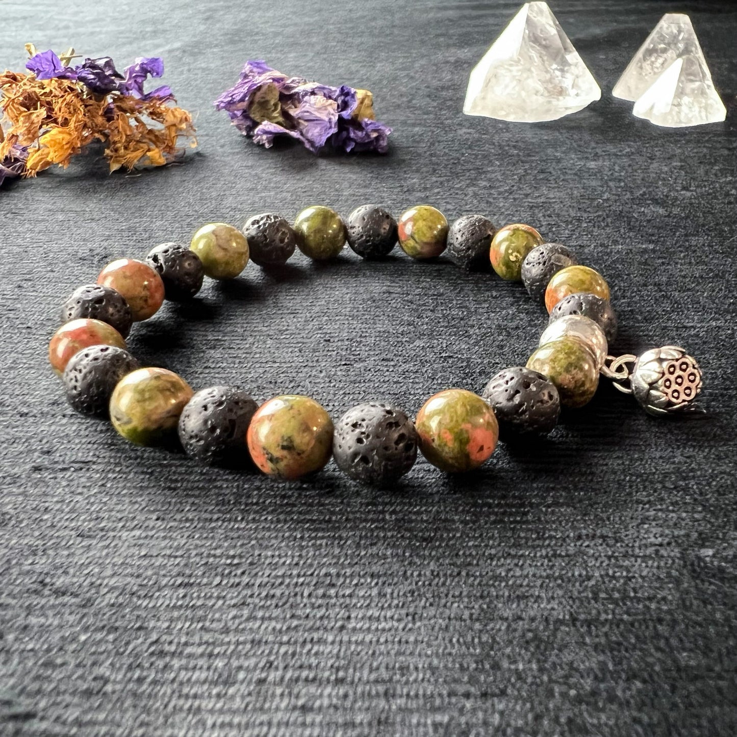 Unakite and lava mala beaded bracelet with a lotus seed charm Baguette Magick