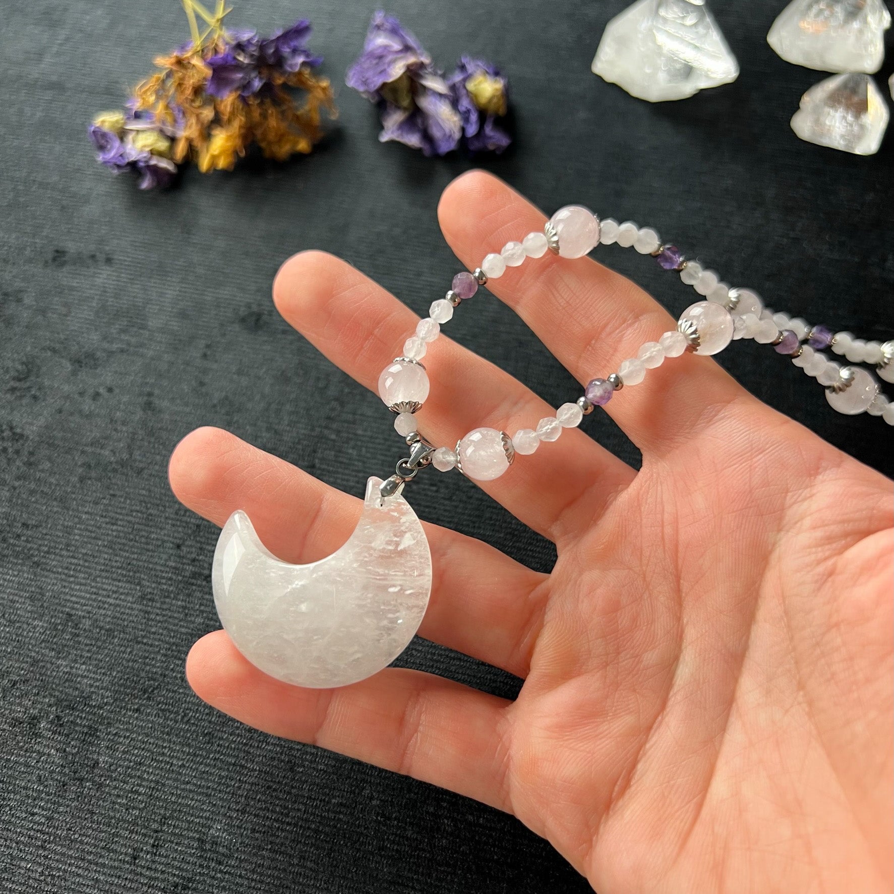 Quartz moon, rose quartz, amethyst, stainless steel Fairy queen necklace Baguette Magick