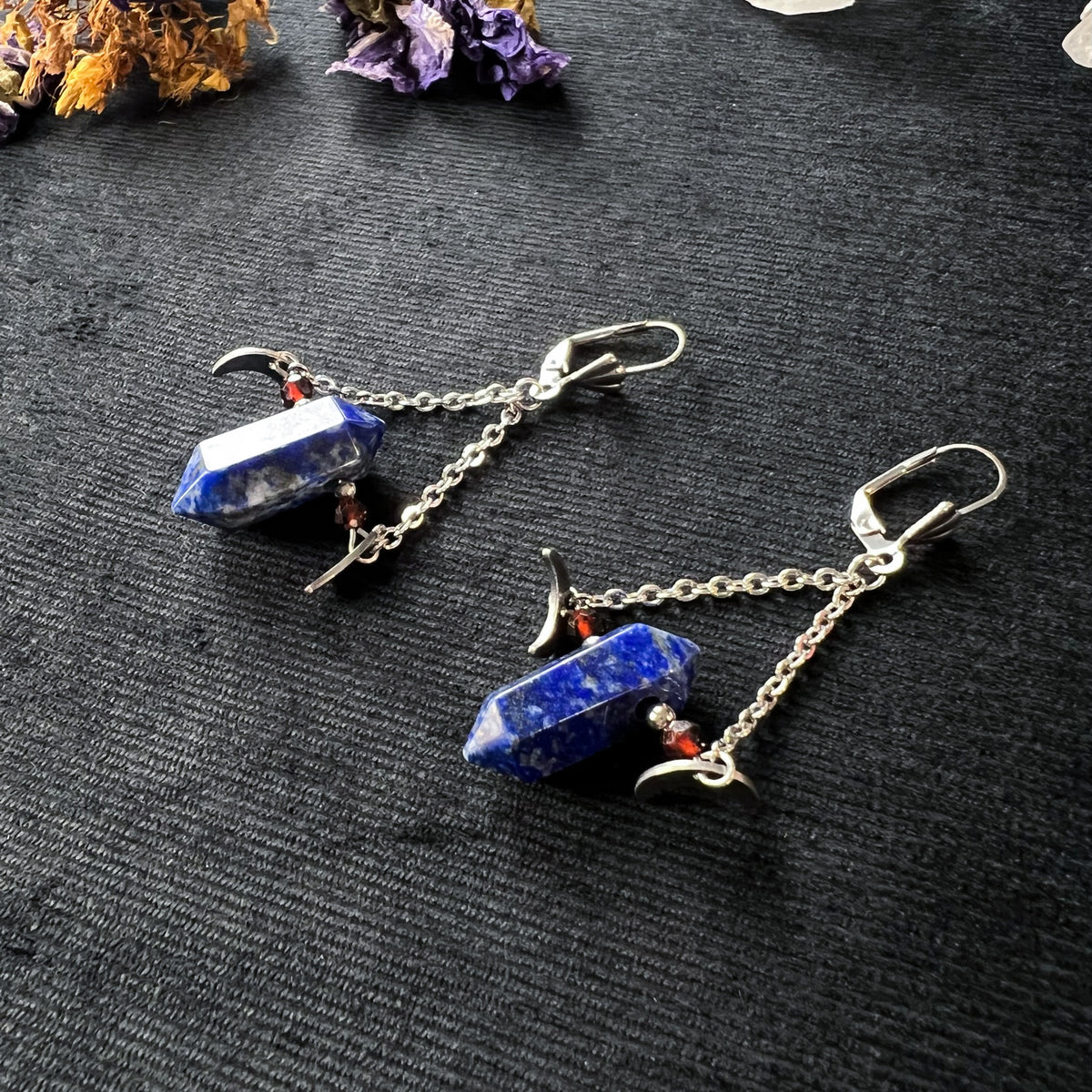 Lapis lazuli garnet and stainless steel gemstone earrings with Moon crescent Baguette Magick