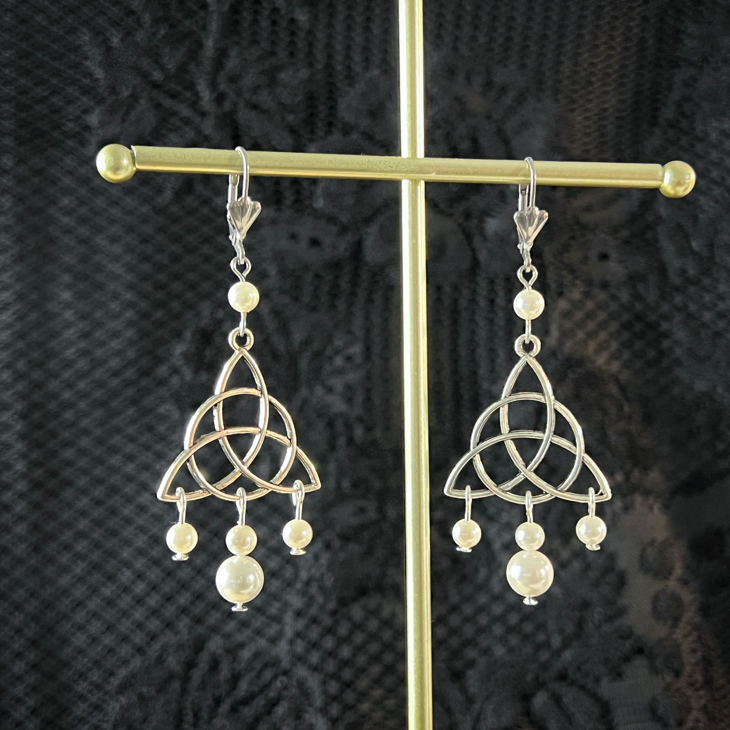 Victorian Edwardian triquetra and pearls teardrop earrings Baguette Magick