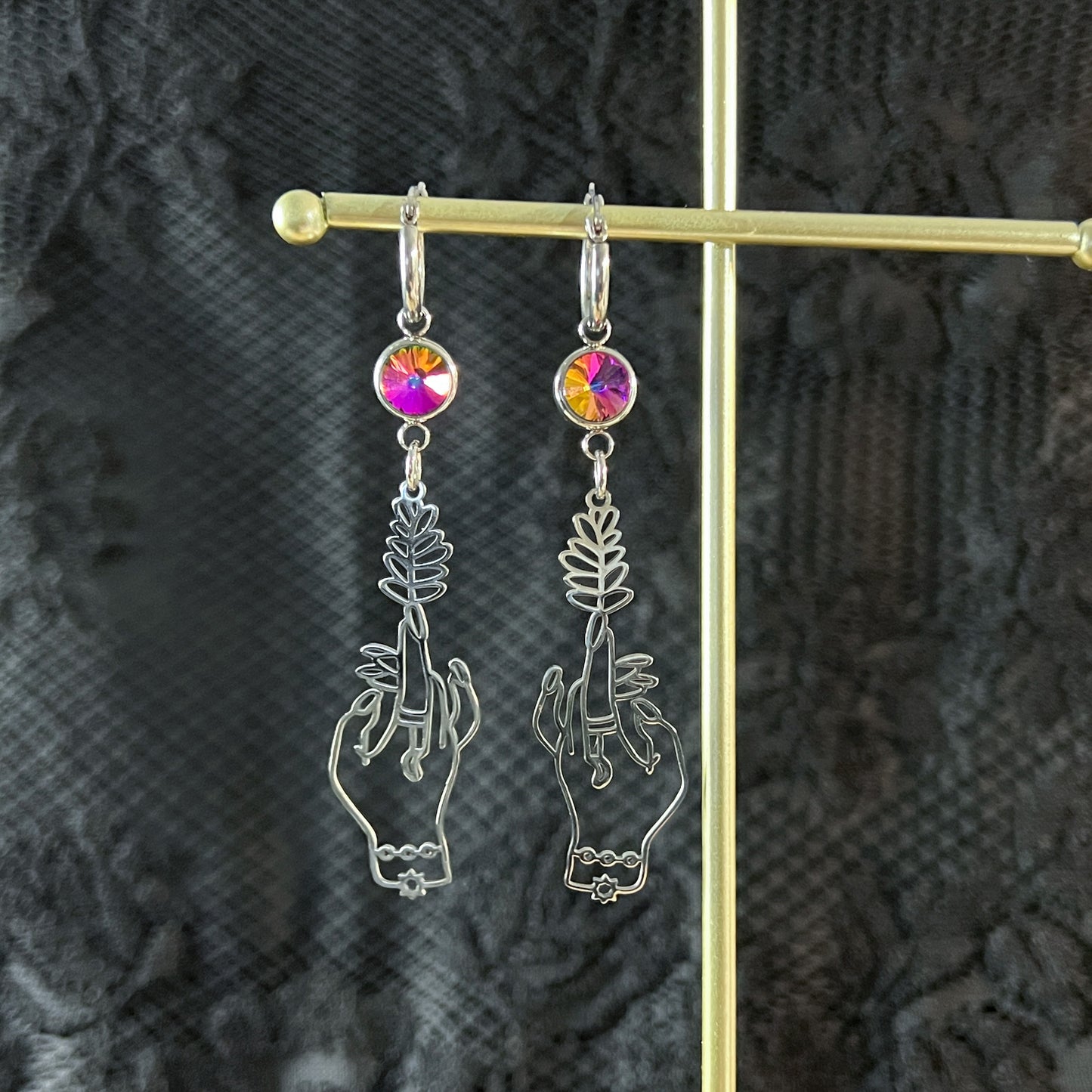 Witch hands earrings with colorful rhinestones made of stainless steel Baguette Magick