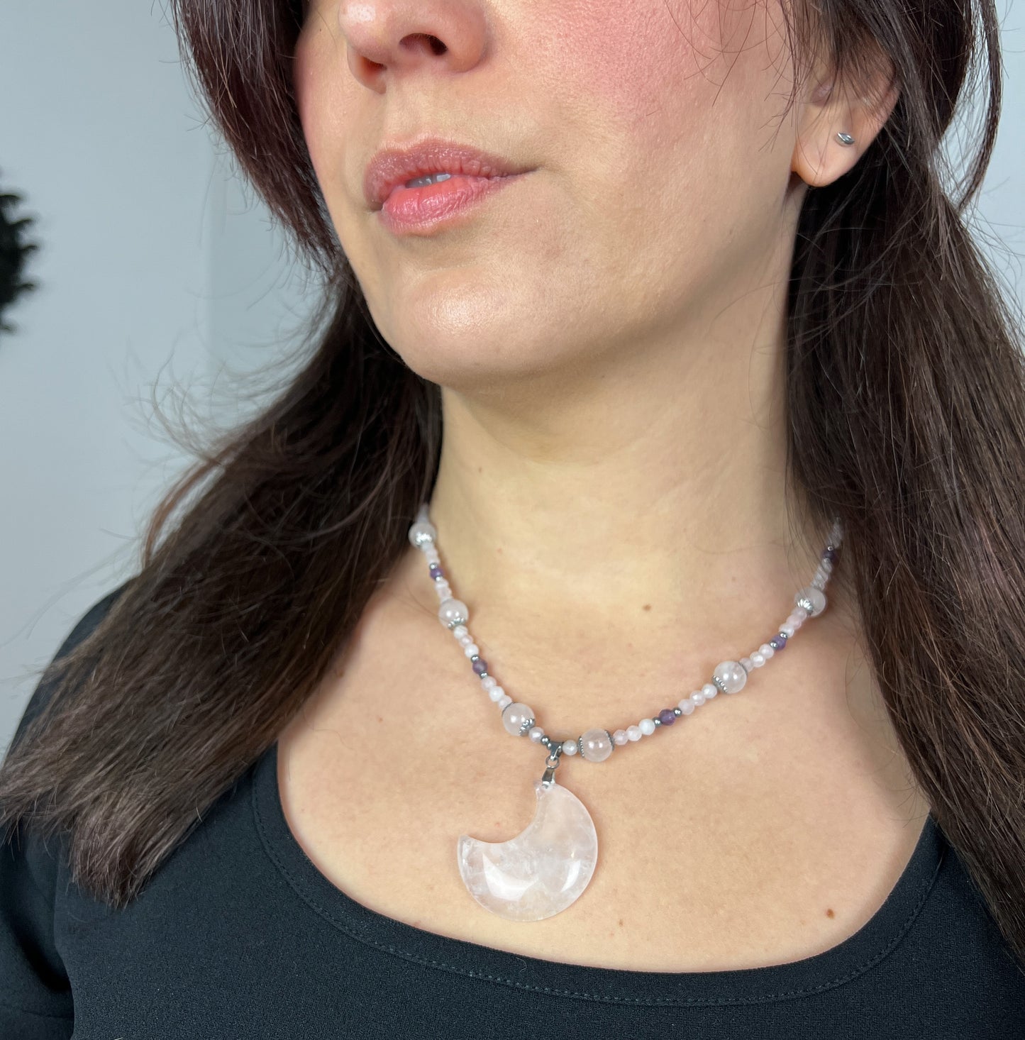 Quartz moon, rose quartz, amethyst, stainless steel Fairy queen necklace Baguette Magick