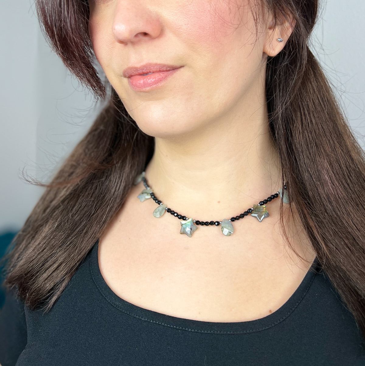 Labradorite stars and drops, onyx and stainless steel cosmic fairy necklace Baguette Magick
