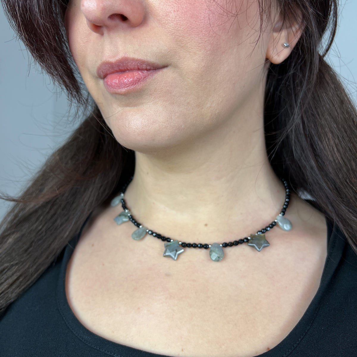 Labradorite stars and drops, onyx and stainless steel cosmic fairy necklace Baguette Magick