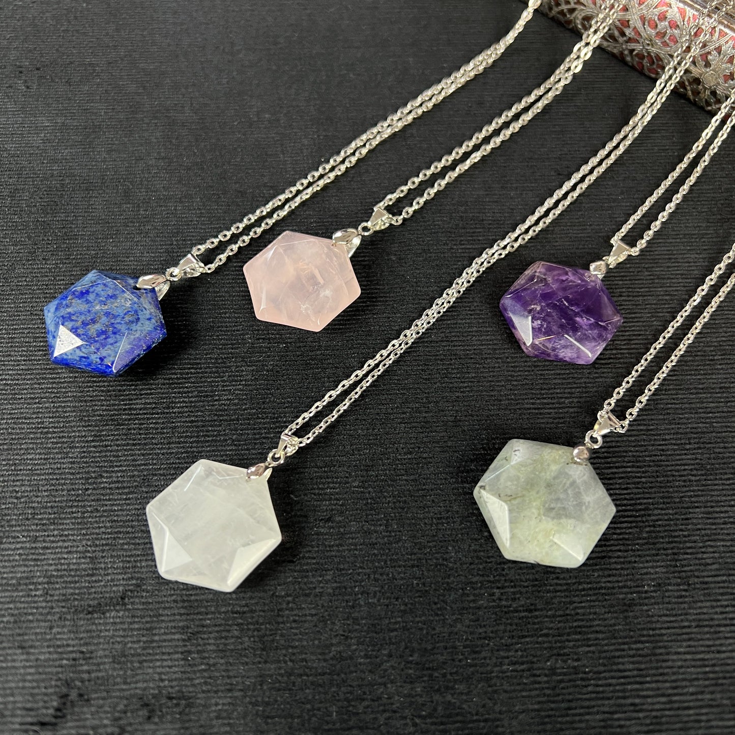 Gemstone hexagon necklace in Lapis Lazuli, Rose Quartz, Quartz, Amethyst or Labradorite Baguette Magick