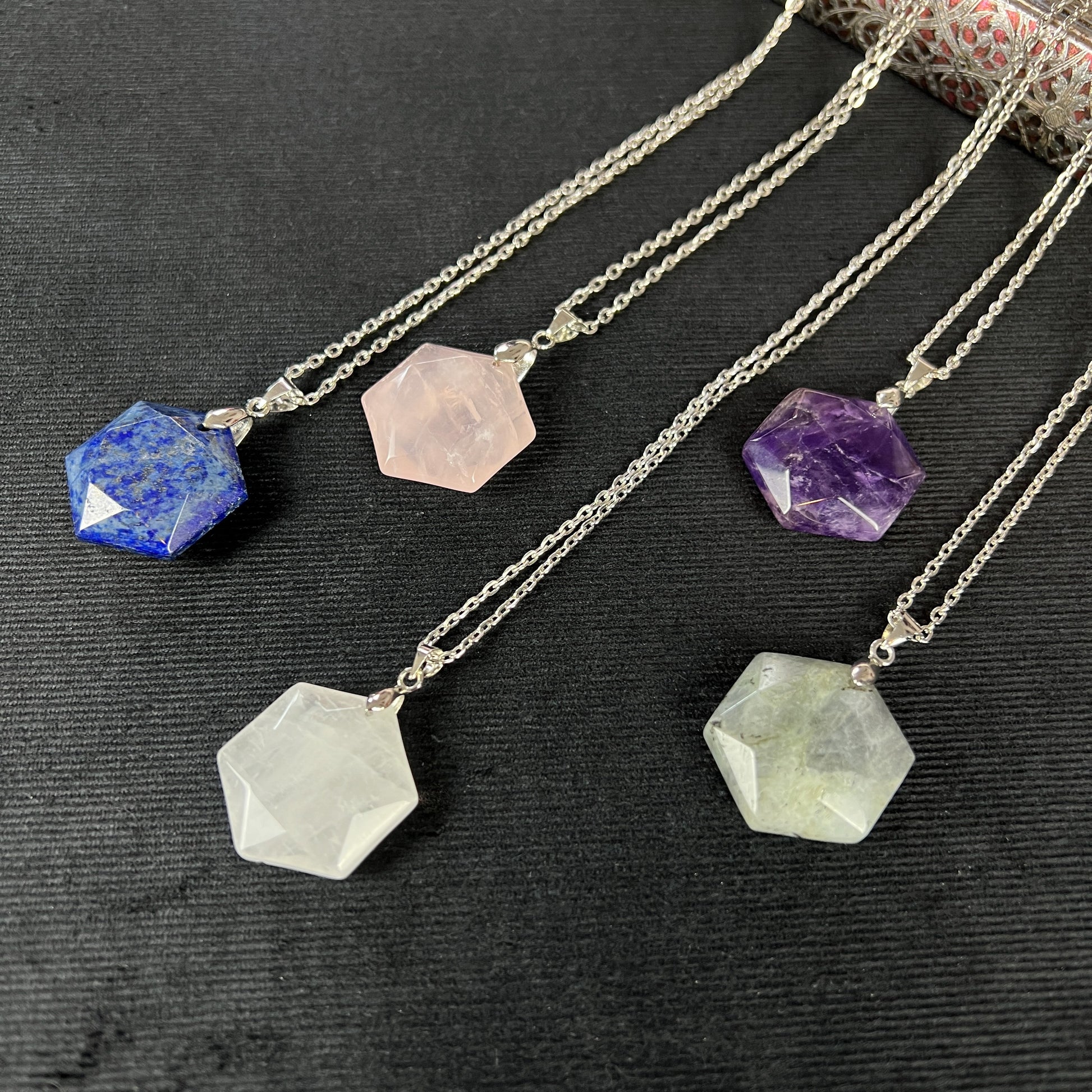 Gemstone hexagon necklace in Lapis Lazuli, Rose Quartz, Quartz, Amethyst or Labradorite Baguette Magick