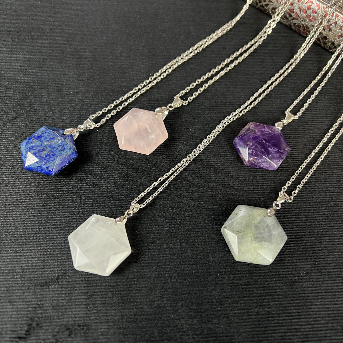 Gemstone hexagon necklace in Lapis Lazuli, Rose Quartz, Quartz, Amethyst or Labradorite Baguette Magick