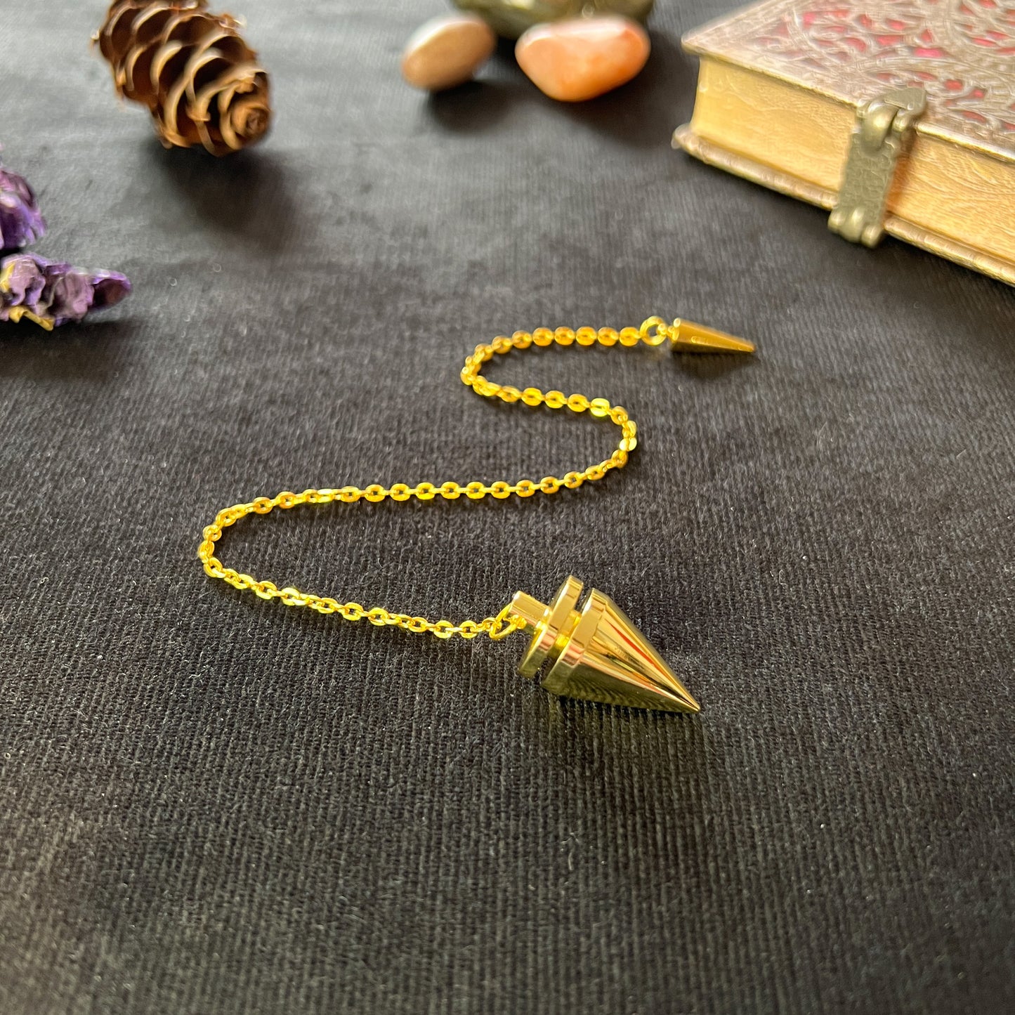 Golden cone and coil classic dowsing metal pendulum with a spike charm Baguette Magick