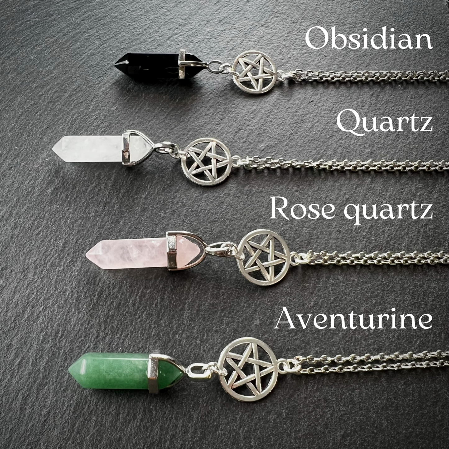 Pentacle pendulum necklace - obsidian, quartz, rose quartz, or aventurine Baguette Magick