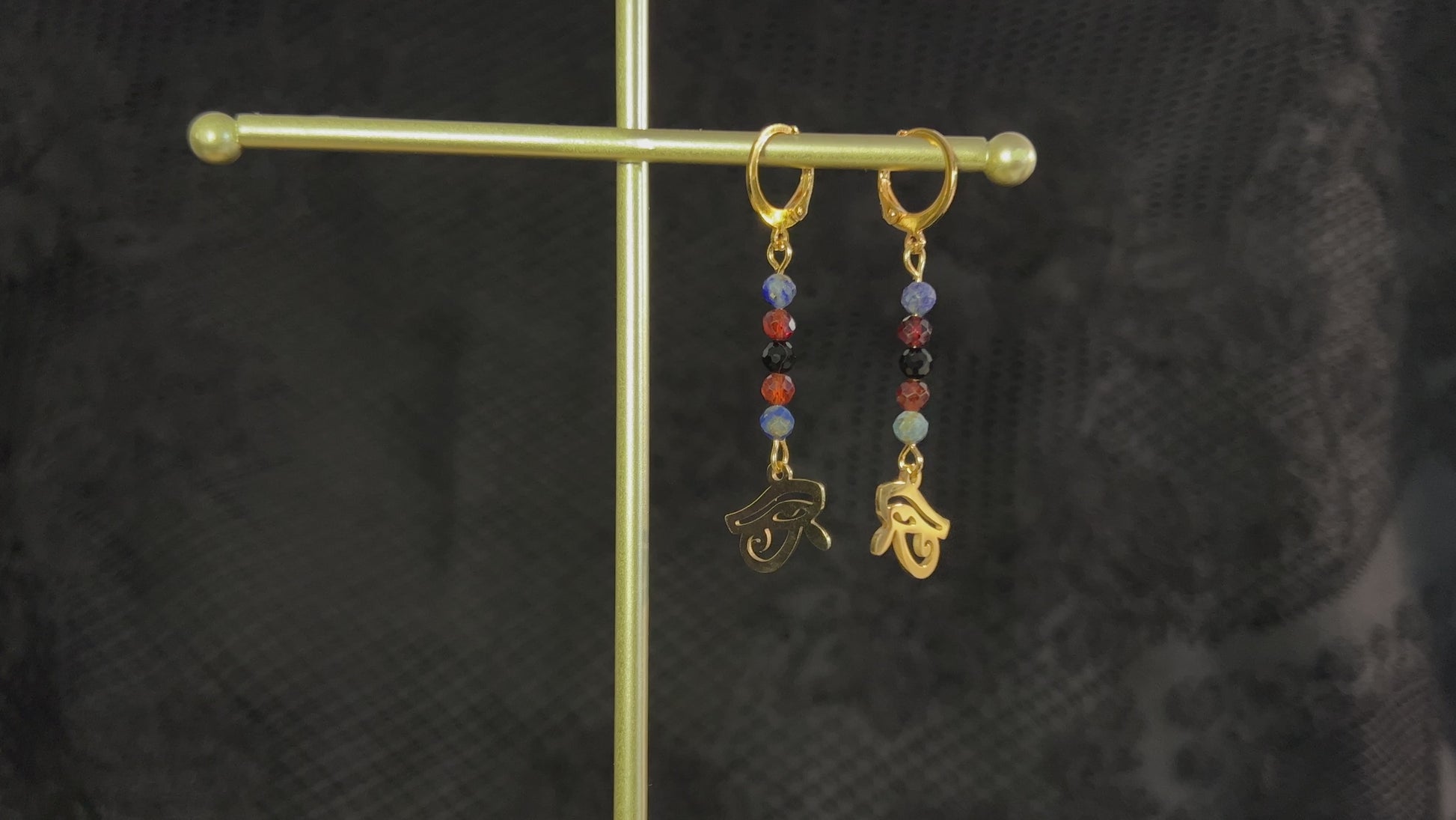 Eye of Horus gemstone earrings, golden stainless steel, lapis lazuli, garnet and onyx Egyptian mythology gothic and dainty earrings