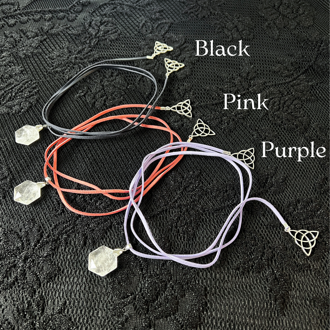 Quartz and triquetra wrap necklace in pink, lilac purple, or black Baguette Magick