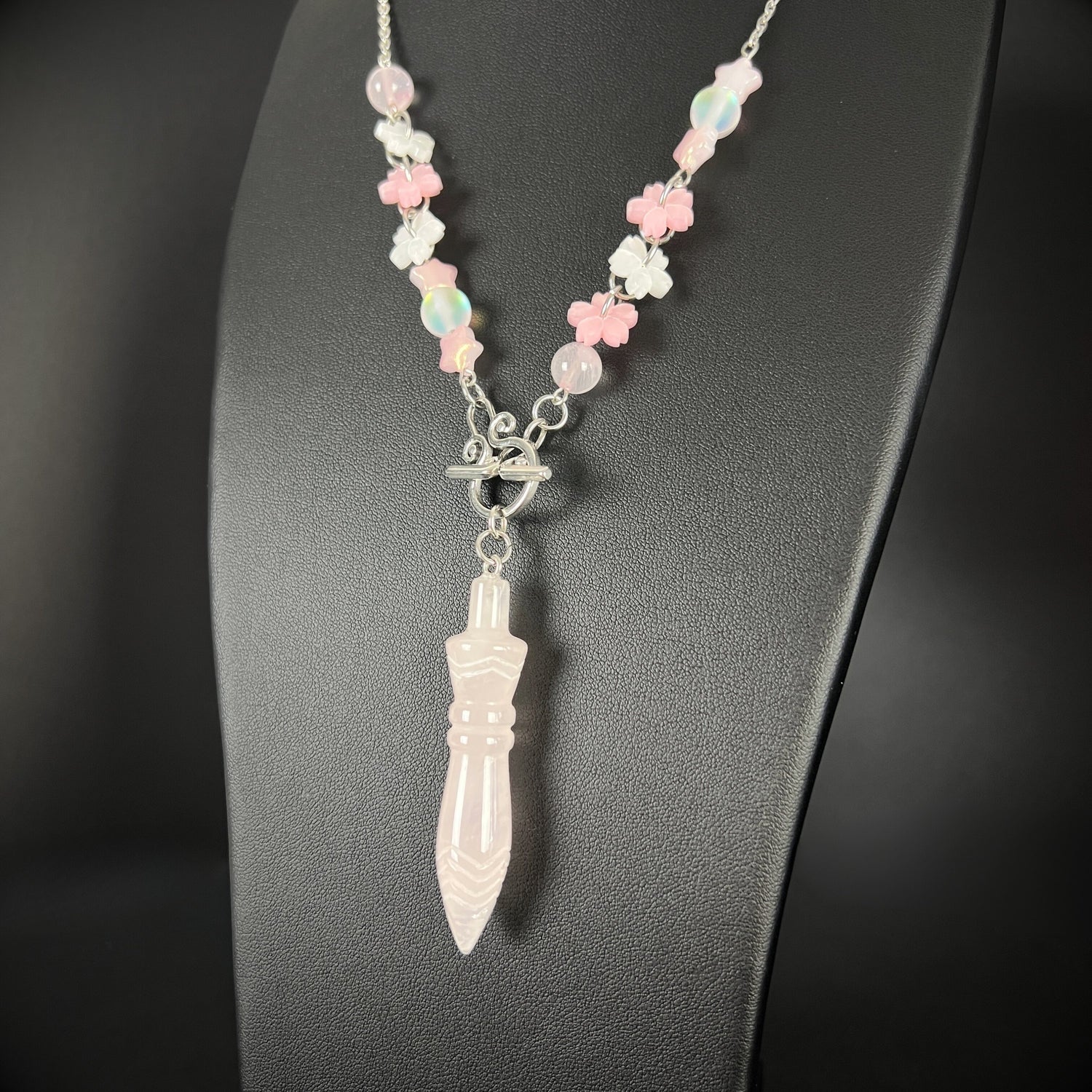 rose quartz pendulum necklace with beads, stars and sakura flowers, thot shape, for dowsing and divination